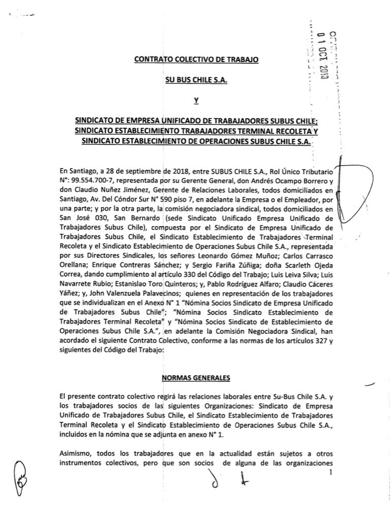 Primera página de Contrato Colectivo 2018