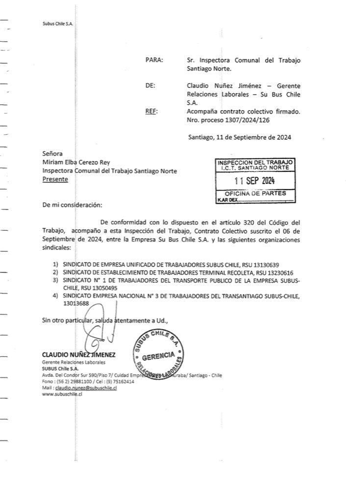 Primera página de Contrato NC 2024 Sindicato Unificado y otros